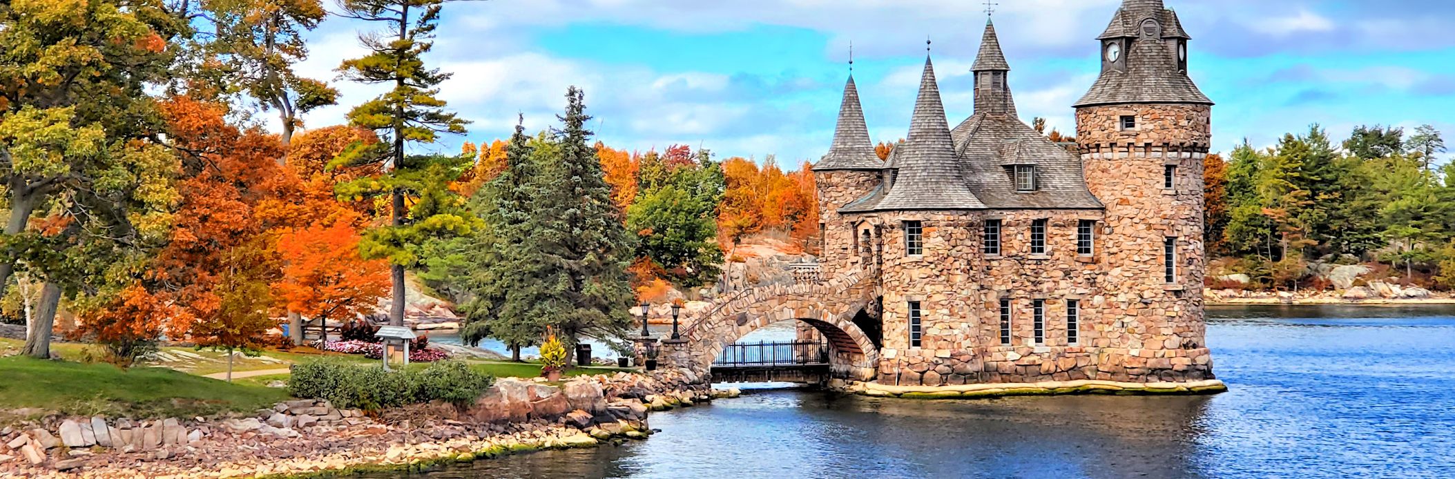 Boldt Castle, a popular attraction in the 1000 Islands of New York, during the fall with colorful autumn leaves