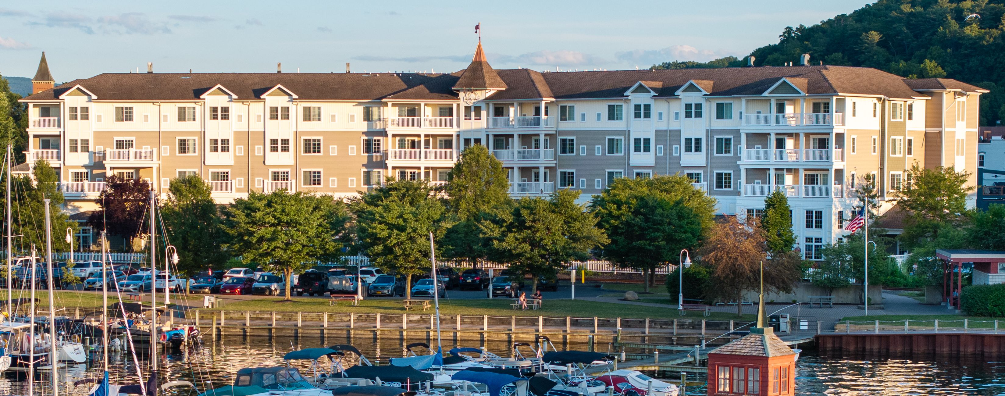 An aerial view of the marina in Watkins Glen harbor, with the Harbor Hotel in the background